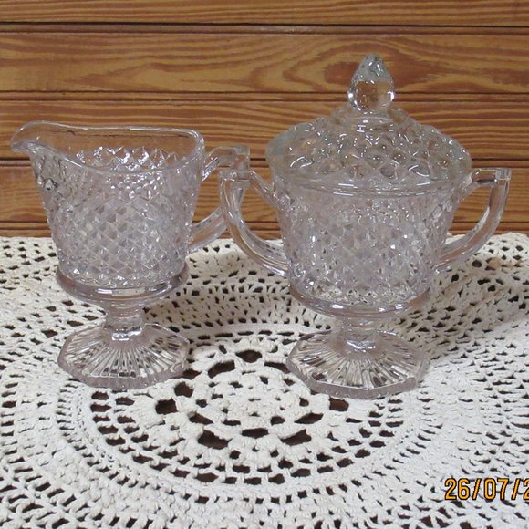 Westmoreland Crystal Creamer and Sugar Dish English Hobnail  Pedestal Hex Base - Picture 1 of 8